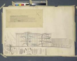 Mutuelle Vaudoise Accidents (MVA) à Lausanne : variantes des façades du bâtiment d'accueil et du système constructif des cadres : esquisses en vue du rendu de concours [crayon : calque]